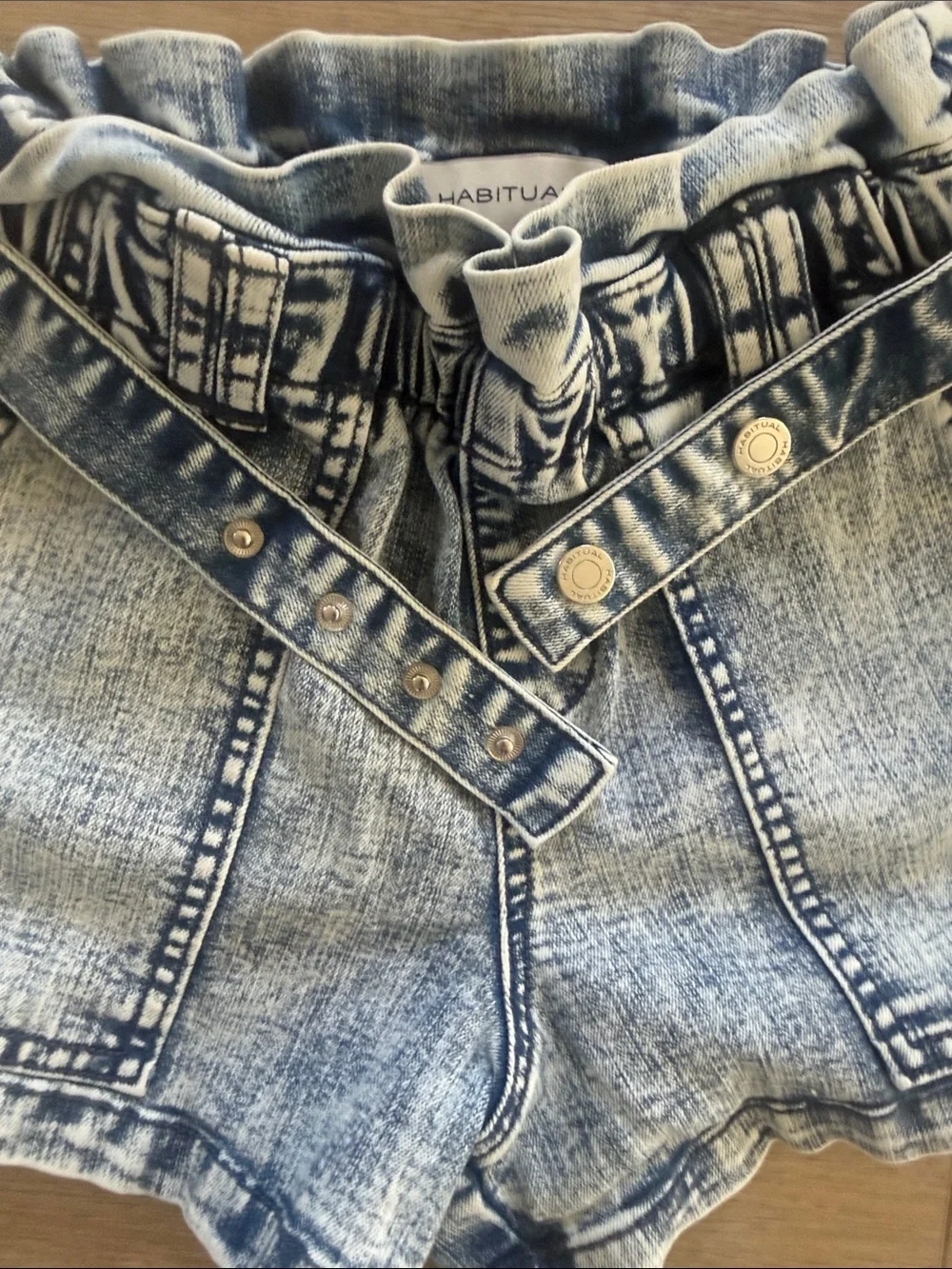 Habitual Girls Blue Acid Wash Paperbag Waist Shorts with Belt